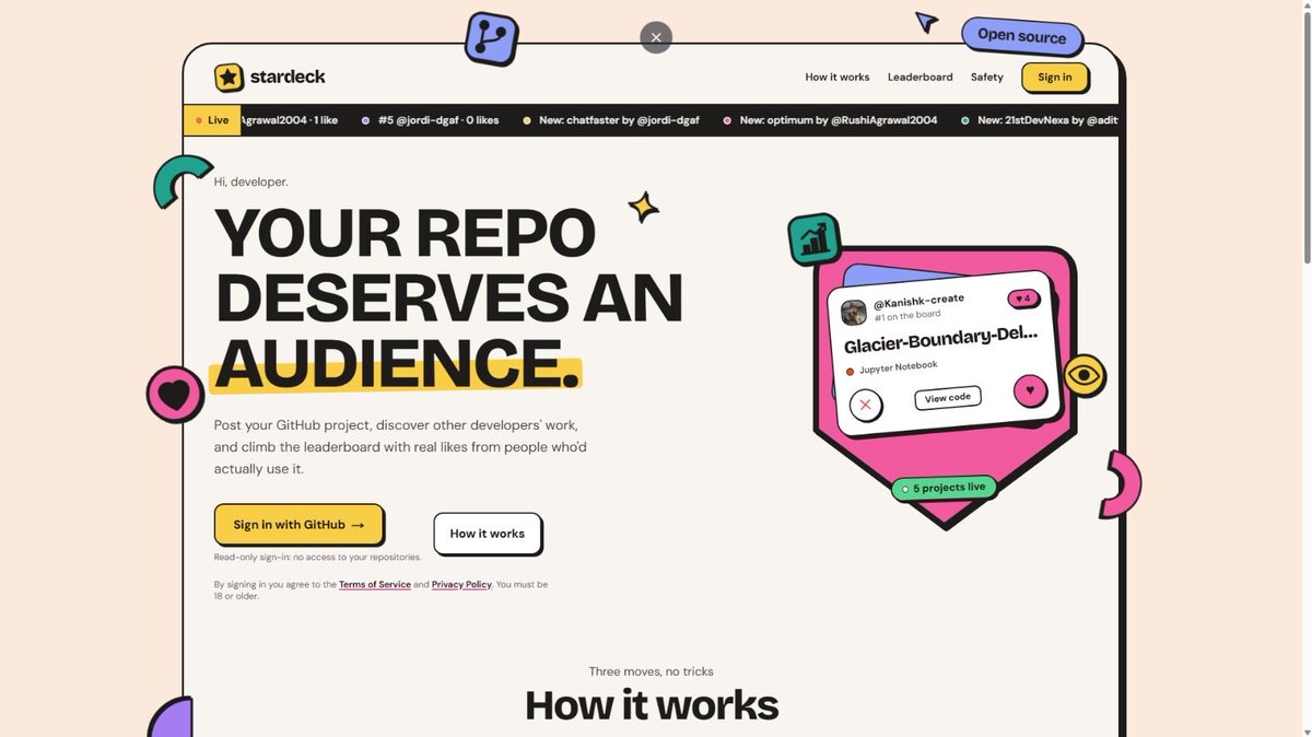 Rushtwz's tweet photo. Day 0 of BUILDING IN PUBLIC 

Goal is to get 100 projects on Stardeck in October.

Current progress:
Projects: 5 (+5)
Users: 5 ( all of them are my frinds🥀)
Revenue: 000.1$

Stardeck is live today ,Post your GITHUB repo, get real  and stars likes from devs who'd actually use it. I could grow faster with paid ads But I want real devs first.