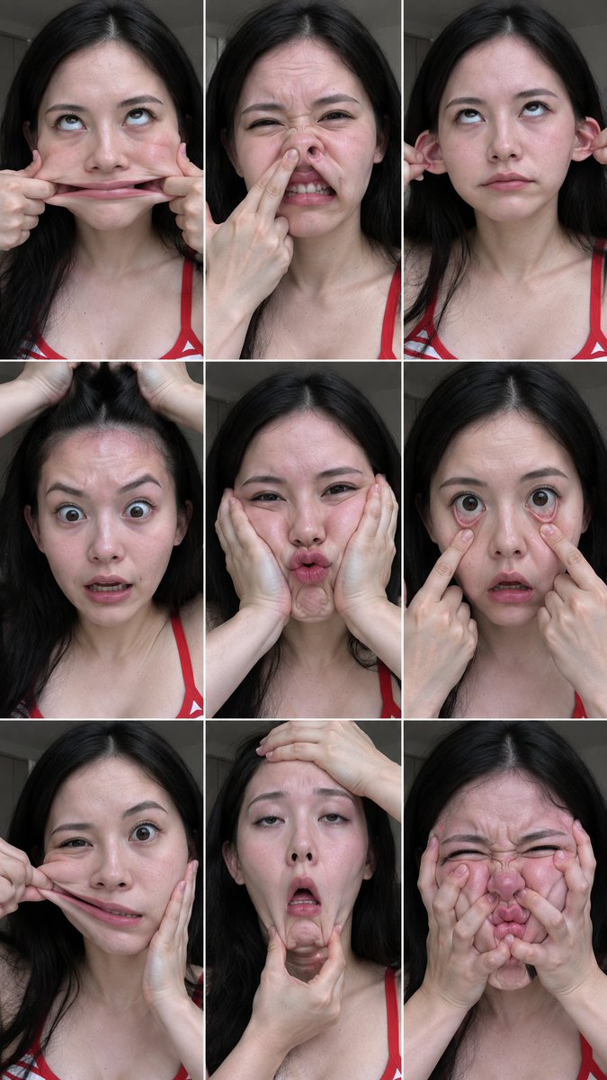 aisima2046's tweet photo. 极限脸部拉扯测试：一个是gpt的，一个是banana的
提示词如下：
检查：九格都是手；没有两格同一拉法；每格都写到鼻子或眼睛或皮肤褶。不要第二种道具，不要封口与参考图中的角色保持一致，保持外貌发型身材比例一致。3×3 九宫格怼脸整蛊自拍。九格都只用她自己的手拉扯五官，不要丝袜、不要袋子、不要绳子。每格同一人、同一发型、同一套衣服。室内手机近拍。皮肤要有被手指按出的坑、挤红、皱褶。不要美颜，不要换脸，不要流血。九格互不相同：嘴角拉到耳边
双手拇指扣住嘴角向外拉。嘴唇被拽成一条宽横线，人中拉平，颊肌绷出斜向细褶，鼻翼被带着外翻。眼睛被下拉，眼白增多。指节陷进脸颊，按处发红。
两指压猪鼻
食指中指把鼻头向上向前挤。鼻子扁成小猪鼻，鼻孔朝前朝天，鼻梁消失成一道坑。上唇被顶起，牙齿露出一点。眼睛不受控地眯成缝，鼻根挤出横纹。
向外扯耳朵
双手捏住耳廓向外拉。脸颊皮肤被带向两边，眼裂变长，嘴被扯成扁平。耳根前方出现斜褶，耳垂被拉亮。她眼睛上翻，像撑不住。
抓头发上提
双手插进头顶发根往上提。额头皮肤绷直发亮，眉毛被抬高拉弯，眼睛睁大露出眼白。太阳穴凹陷，发际线附近头皮发红。嘴因拉力张开。
从两侧挤脸
双手掌根把两颊肉推向鼻梁。脸变短变宽，嘴被挤成一小团往前噘，眼睛挤斜，一边一条细缝。指印压在下颌，皮肤堆出几道深褶。
下眼睑下拉
两食指扣住下眼袋往下拽。下眼白大面积露出，眼睛变成两圈圆。脸颊被带出纵褶，嘴不受控地微张。指腹下的皮肤发亮。
单侧扯嘴
右手把右嘴角向外上方拉，左手按住左脸不动。右半张脸拉长，左半张脸还端正，五官明显不对称。右鼻翼被拽歪，右眼细、左眼圆。
捏下巴往下拽
一手捏住下巴肉往下拉，另一手按住额头。脸被纵向拉长，嘴变成竖向的窄缝，下唇外翻。脖子上端皮肤被带出横纹，眼睛被上下同时拽，眼神涣散。
四指同时揉脸
双手四指按在眉心、两颊和下巴，往中间揉。眉眼鼻嘴全部挤向中心，脸短一截，五官挤成一团，只剩一条皱紧的嘴和两条弯眼缝。指缝间的肉鼓出，按处发红。这一格最毁。