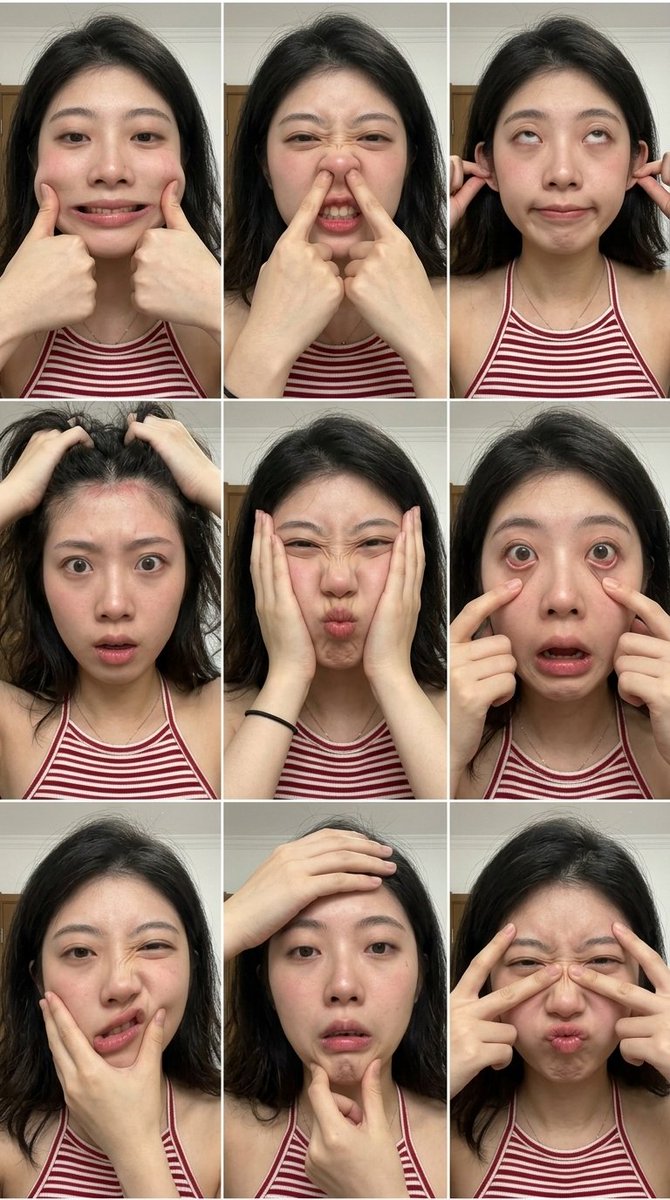 aisima2046's tweet photo. 极限脸部拉扯测试：一个是gpt的，一个是banana的
提示词如下：
检查：九格都是手；没有两格同一拉法；每格都写到鼻子或眼睛或皮肤褶。不要第二种道具，不要封口与参考图中的角色保持一致，保持外貌发型身材比例一致。3×3 九宫格怼脸整蛊自拍。九格都只用她自己的手拉扯五官，不要丝袜、不要袋子、不要绳子。每格同一人、同一发型、同一套衣服。室内手机近拍。皮肤要有被手指按出的坑、挤红、皱褶。不要美颜，不要换脸，不要流血。九格互不相同：嘴角拉到耳边
双手拇指扣住嘴角向外拉。嘴唇被拽成一条宽横线，人中拉平，颊肌绷出斜向细褶，鼻翼被带着外翻。眼睛被下拉，眼白增多。指节陷进脸颊，按处发红。
两指压猪鼻
食指中指把鼻头向上向前挤。鼻子扁成小猪鼻，鼻孔朝前朝天，鼻梁消失成一道坑。上唇被顶起，牙齿露出一点。眼睛不受控地眯成缝，鼻根挤出横纹。
向外扯耳朵
双手捏住耳廓向外拉。脸颊皮肤被带向两边，眼裂变长，嘴被扯成扁平。耳根前方出现斜褶，耳垂被拉亮。她眼睛上翻，像撑不住。
抓头发上提
双手插进头顶发根往上提。额头皮肤绷直发亮，眉毛被抬高拉弯，眼睛睁大露出眼白。太阳穴凹陷，发际线附近头皮发红。嘴因拉力张开。
从两侧挤脸
双手掌根把两颊肉推向鼻梁。脸变短变宽，嘴被挤成一小团往前噘，眼睛挤斜，一边一条细缝。指印压在下颌，皮肤堆出几道深褶。
下眼睑下拉
两食指扣住下眼袋往下拽。下眼白大面积露出，眼睛变成两圈圆。脸颊被带出纵褶，嘴不受控地微张。指腹下的皮肤发亮。
单侧扯嘴
右手把右嘴角向外上方拉，左手按住左脸不动。右半张脸拉长，左半张脸还端正，五官明显不对称。右鼻翼被拽歪，右眼细、左眼圆。
捏下巴往下拽
一手捏住下巴肉往下拉，另一手按住额头。脸被纵向拉长，嘴变成竖向的窄缝，下唇外翻。脖子上端皮肤被带出横纹，眼睛被上下同时拽，眼神涣散。
四指同时揉脸
双手四指按在眉心、两颊和下巴，往中间揉。眉眼鼻嘴全部挤向中心，脸短一截，五官挤成一团，只剩一条皱紧的嘴和两条弯眼缝。指缝间的肉鼓出，按处发红。这一格最毁。