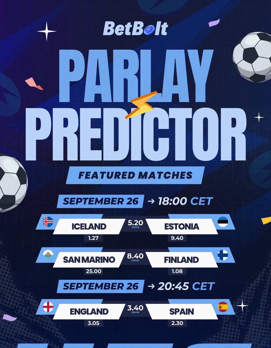betbolt's tweet photo. $25,000 PARLAY PREDICTOR - Day 3 UEFA Nations League Featured matches ⚽️

Make a $1+ winning parlay predicting the correct score of these 3 matches for a chance to win the $25K prize!

💙 + 🔁 + ⚡️ username for a chance to win $100 

T&amp;Cs below in the comments. https://t.co/uvFIgYd3z5