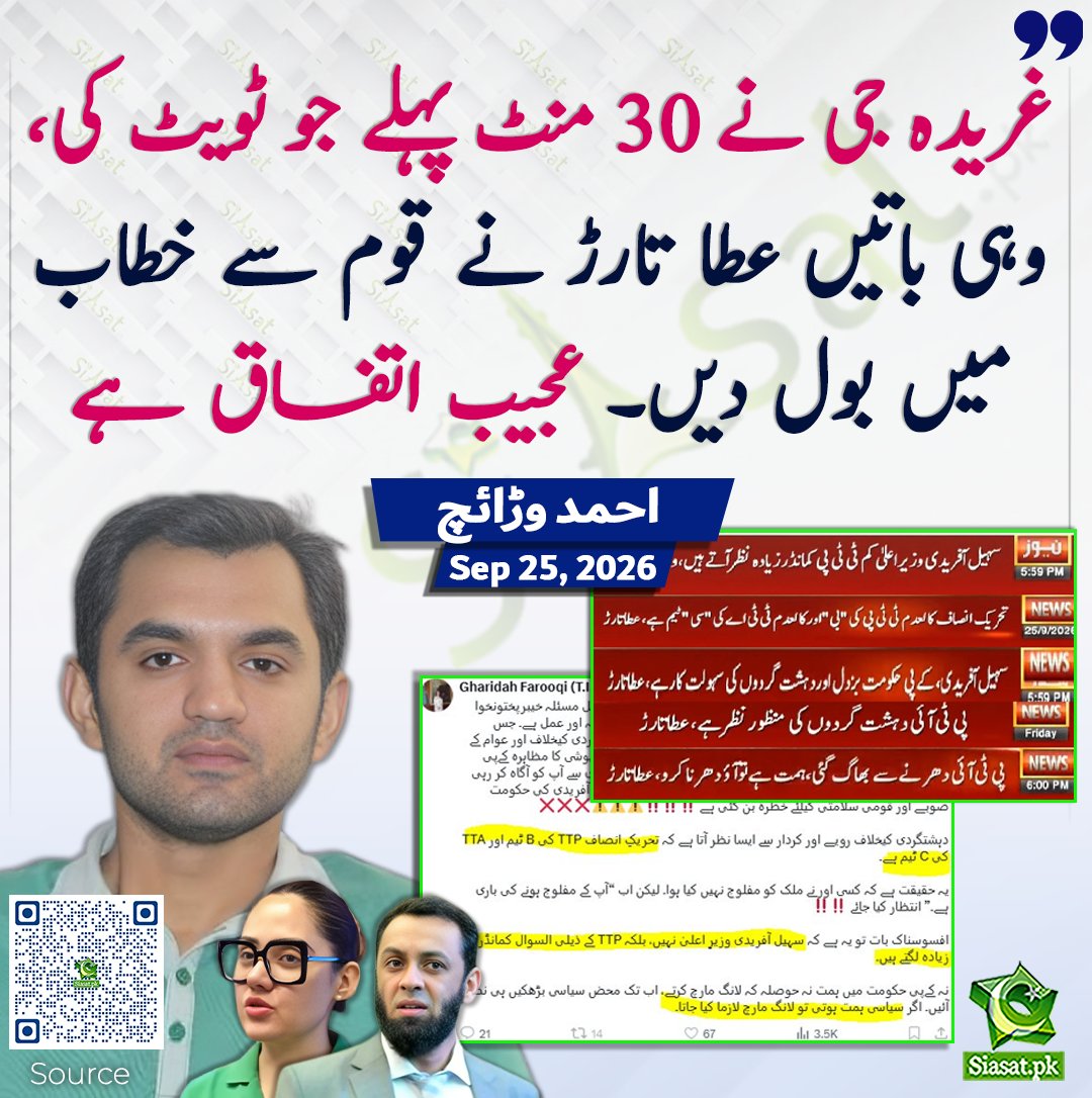 siasatpk's tweet photo. غریدہ جی نے 30 منٹ پہلے جو ٹویٹ کی، وہی باتیں عطا تارڑ نے قوم سے خطاب میں بول دیں۔ عجیب اتفاق ہے، احمد وڑائچ

سورس جاننے کیلئے کیو آر کوڈ سکین کریں

#Pakistan 

@ahmadwaraichh https://t.co/YiHIJv3DsP
