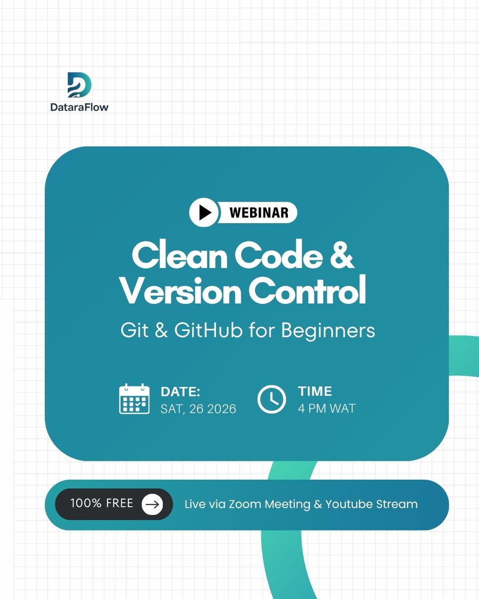 DataraFlow's tweet photo. Your code should be readable by more than just you.

Learn Clean Code, Git and GitHub in our free beginner webinar.

Sat, 26 Sept | 4 PM WAT
Live on Zoom and YouTube

#DataraFlow #Git #GitHub #CleanCode #100DaysOfCode https://t.co/MBsXx6iVin