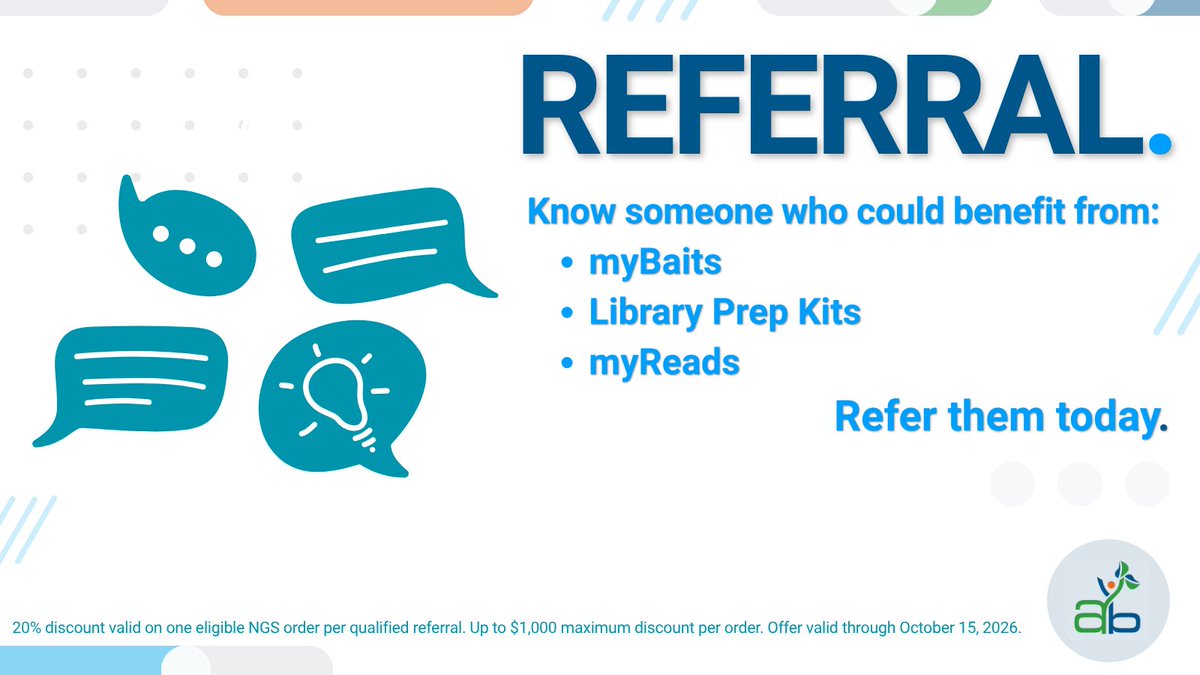 ArborBio's tweet photo. Your next great research connection might be someone you already know.
Refer a qualified researcher to @ArborBio  and you'll both receive 20% off one eligible NGS order placed by October 15, 2026.
Because sharing a good resource should benefit everyone.
➡️ https://t.co/PKuLzRNnva https://t.co/ELFqggjhyY