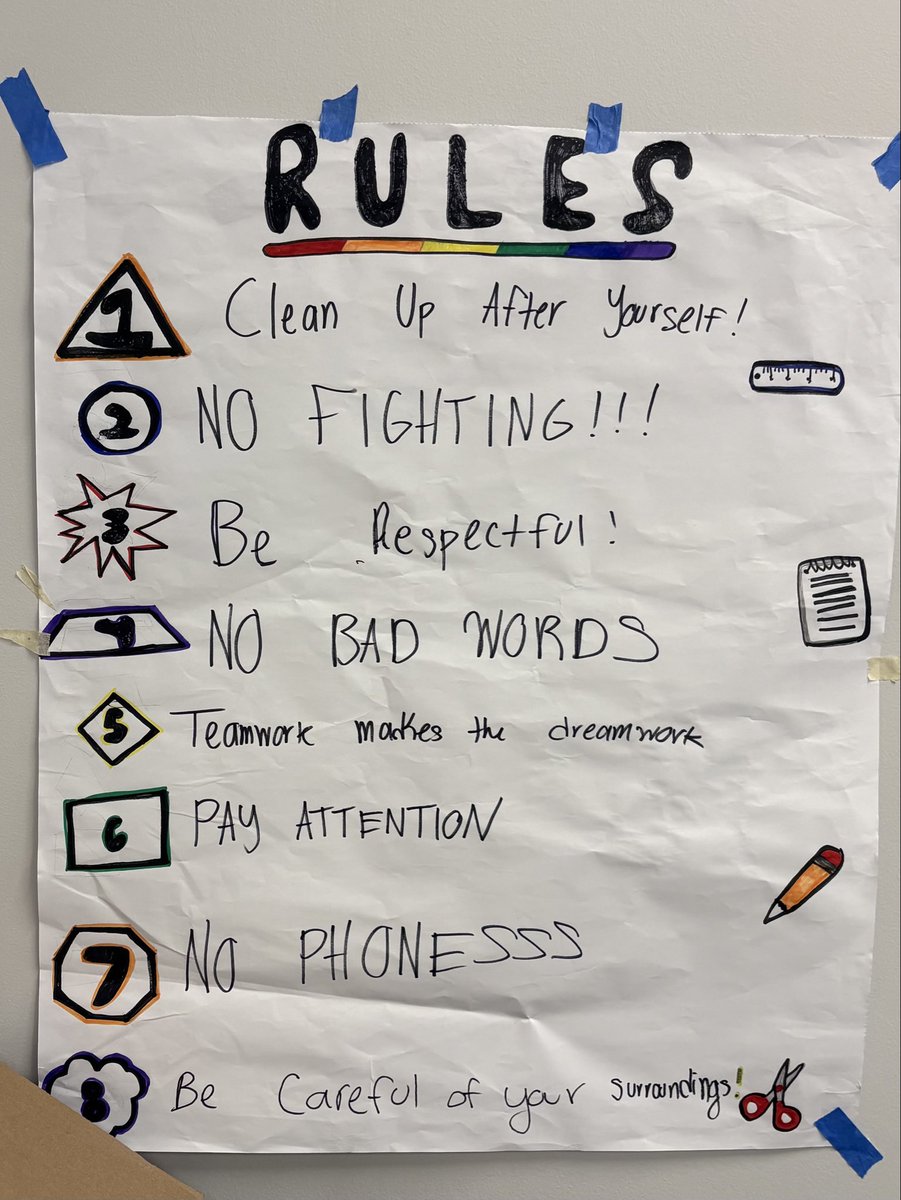 A handwritten classroom rules poster on a large sheet of paper taped to a wall. It has a bold heading, a colorful underline, numbered rules with decorative shapes, and small drawings. Text is present.