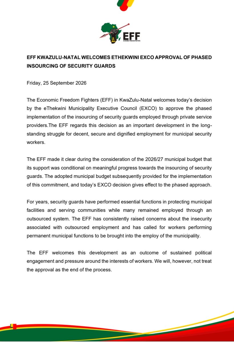EFFKZN's tweet photo. EFF KWAZULU-NATAL WELCOMES ETHEKWINI EXCO APPROVAL OF PHASED INSOURCING OF SECURITY GUARDS https://t.co/yLkZot6e5B