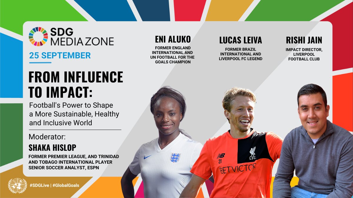GlobalGoalsUN's tweet photo. Football reaches people across every region, culture and generation. @ShakaHislop, Eni Aluko, @LucasLeiva87, and Rishi Jain discuss how the game can advance a healthier, more sustainable and inclusive world.⚽️🌎
#SDGLive from 11:00 AM EDT:  https://t.co/VCwnqF7FvW https://t.co/yvSwJbp67j