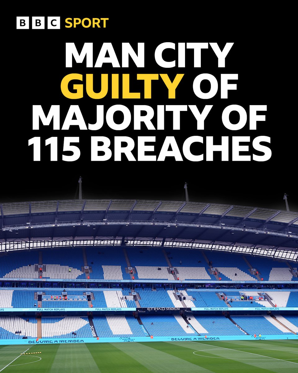 BBCSport's tweet photo. Manchester City have been found guilty of breaking the majority of the 115 financial rules they were accused of breaching, sources have told BBC Sport.

The Athletic is reporting that the sanctions have not been decided but that the independent panel has reached its decision, finding them guilty of all but one count.

Sources have told BBC Sport a decision has been made in the case, and City have been found guilty of the majority of breaches.

The Premier League declined to comment.

Asked if the report was correct, City did not comment either way.