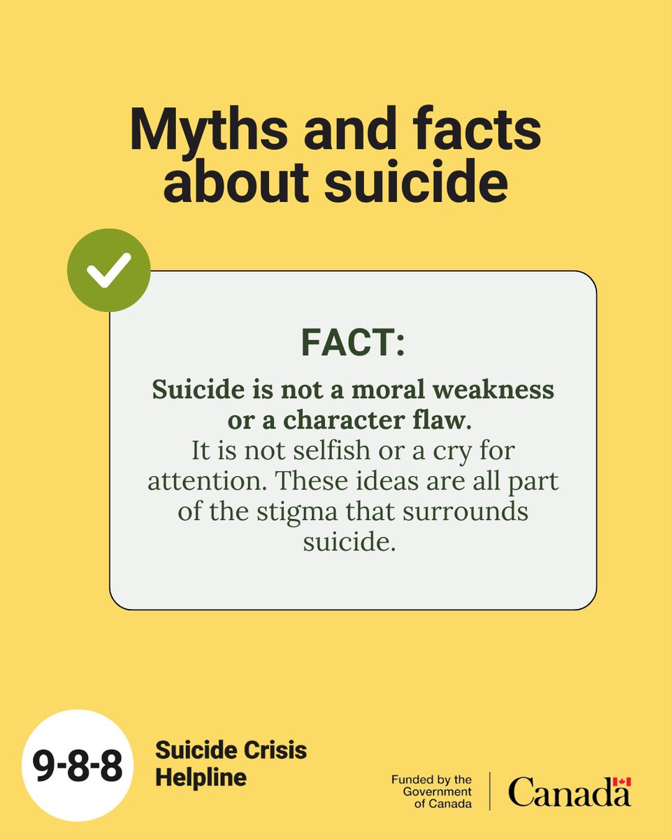 988Canada's tweet photo. Misconceptions about suicide can have a negative impact on how people think and talk about the issue. Here's a common myth about suicide and the facts that you need to know instead. #988Canada https://t.co/PglC2JGKJL