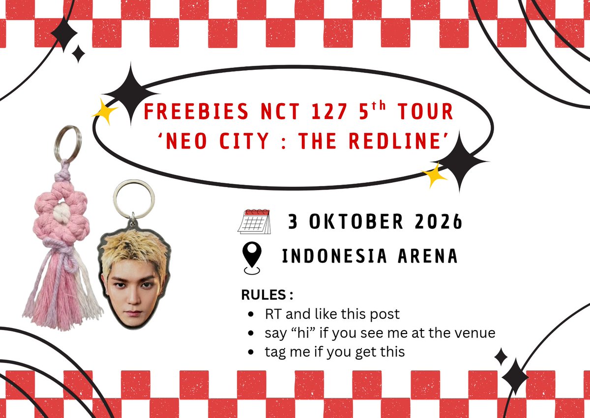baeksongzz's tweet photo. Freebies by @baeksongzz 
🗓️3 Oktober 2026
📍Indonesia Arena 

- RT and like are appreciated
- dont forget to say "hi" if you see me at the venue
- tag me if you get this
- dont throw or sell it
#NCT127_THE_REDLINE #NEOCITY_5TH_THE_REDLINE_IN_JAKARTA #NCT127 https://t.co/ewZaKlcFey