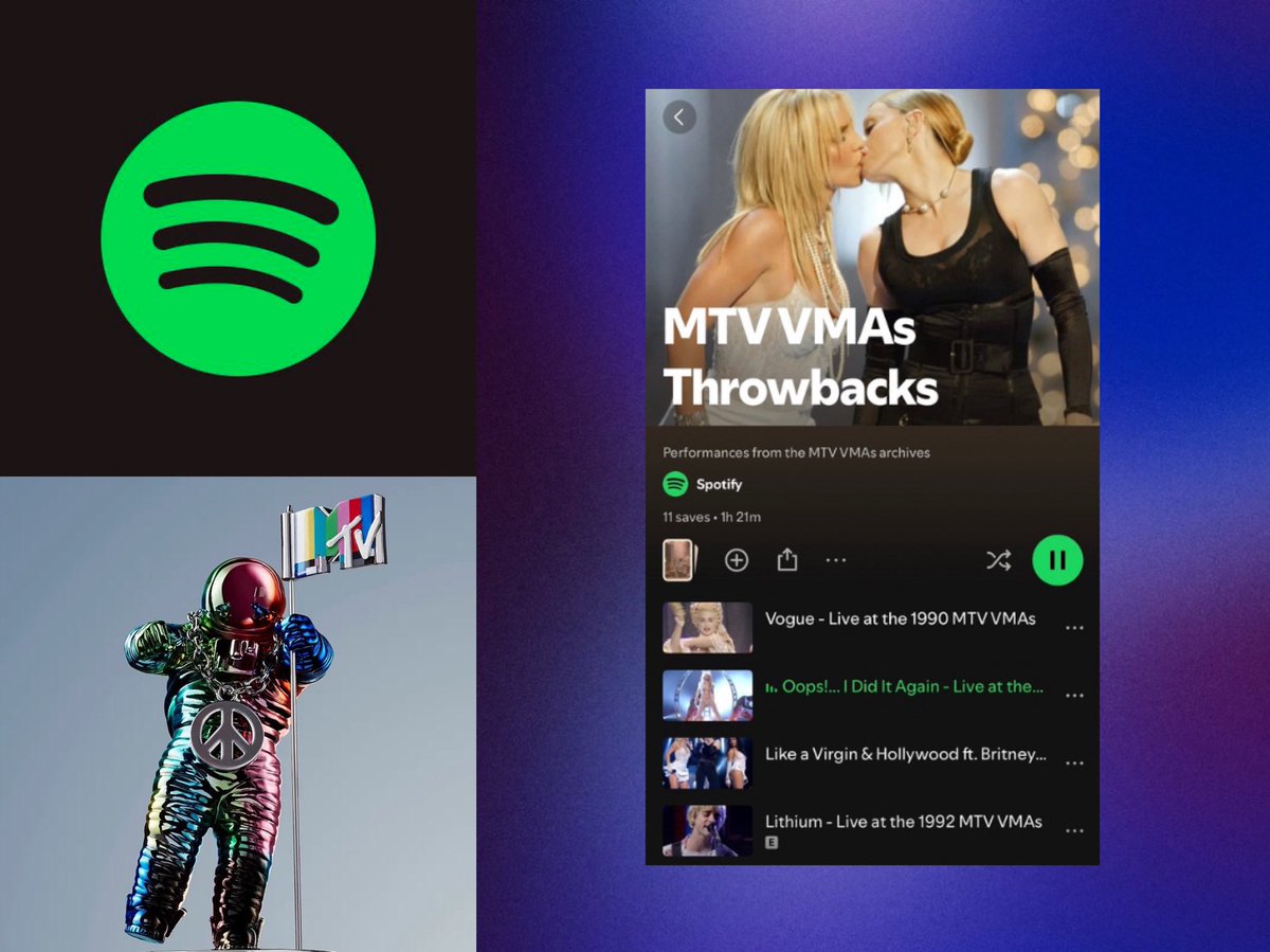 PopBase's tweet photo. Spotify is partnering with Paramount to bring #VMAs performances &amp; other content to the platform.

Users can now watch iconic performances from the VMAs, with a selection of performances from this year’s telecast also coming to the platform. https://t.co/DVZaCU9juY