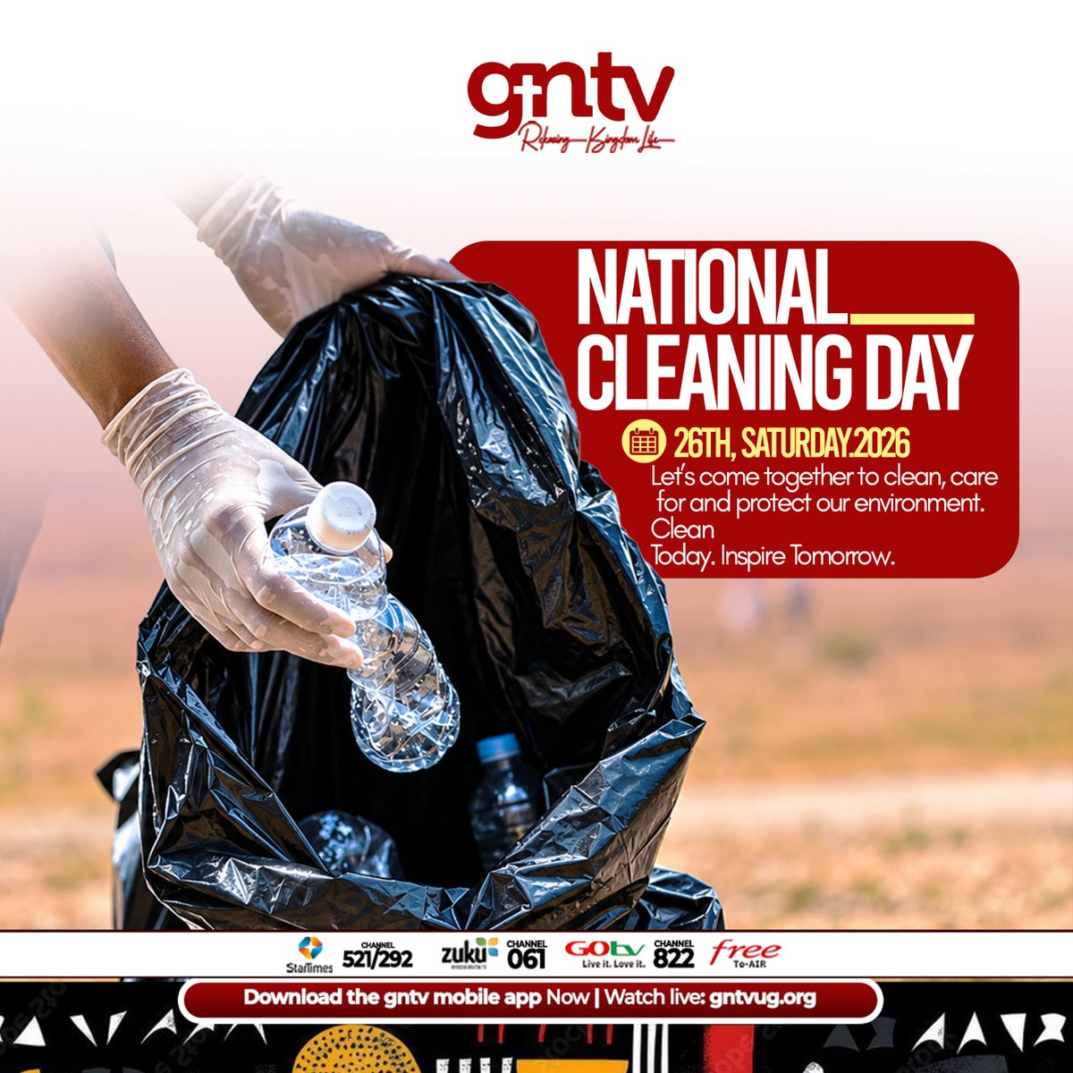 GNTV__official's tweet photo. 🚨Tomorrow, Saturday, September 26, 2026, is Uganda's third National Cleaning Day, observed nationwide from 7:00 a.m. to 10:00 a.m.
#gntv #ncds https://t.co/ARJs0wfiny