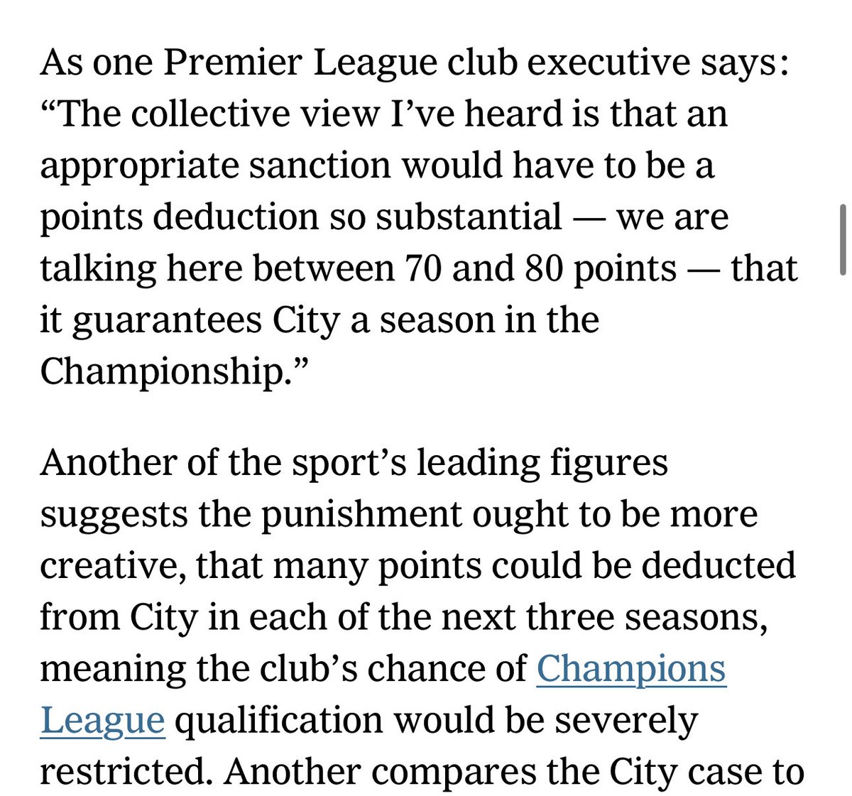 AdamCrafton_'s tweet photo. This was written now over two years ago but gives an idea of the type of punishments Premier League executives have been floating in the event Man City were found guilty. 

https://t.co/4tSATZbSHs https://t.co/cmlmnpH5Tk