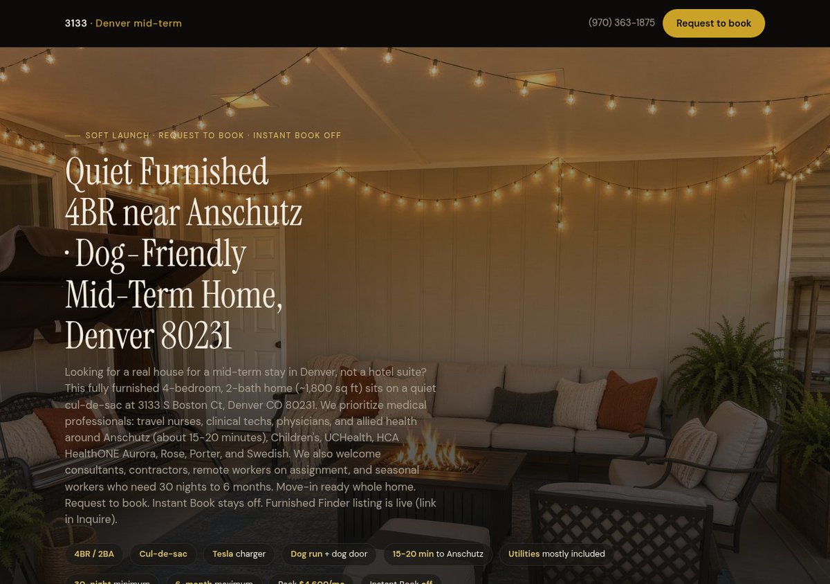 betterweatherai's tweet photo. Same soft-launch truth on https://t.co/CJQGz35HkL today.

Hero still says it: Soft launch. Request to book. Instant Book off. Quiet furnished 4BR near Anschutz. Dog-friendly mid-term home, Denver 80231.

Path is Request to book or Call. Nothing books itself. 30-night minimum, 6-month max. Furnished Finder listing is live (link in Inquire).

https://t.co/CJQGz35HkL