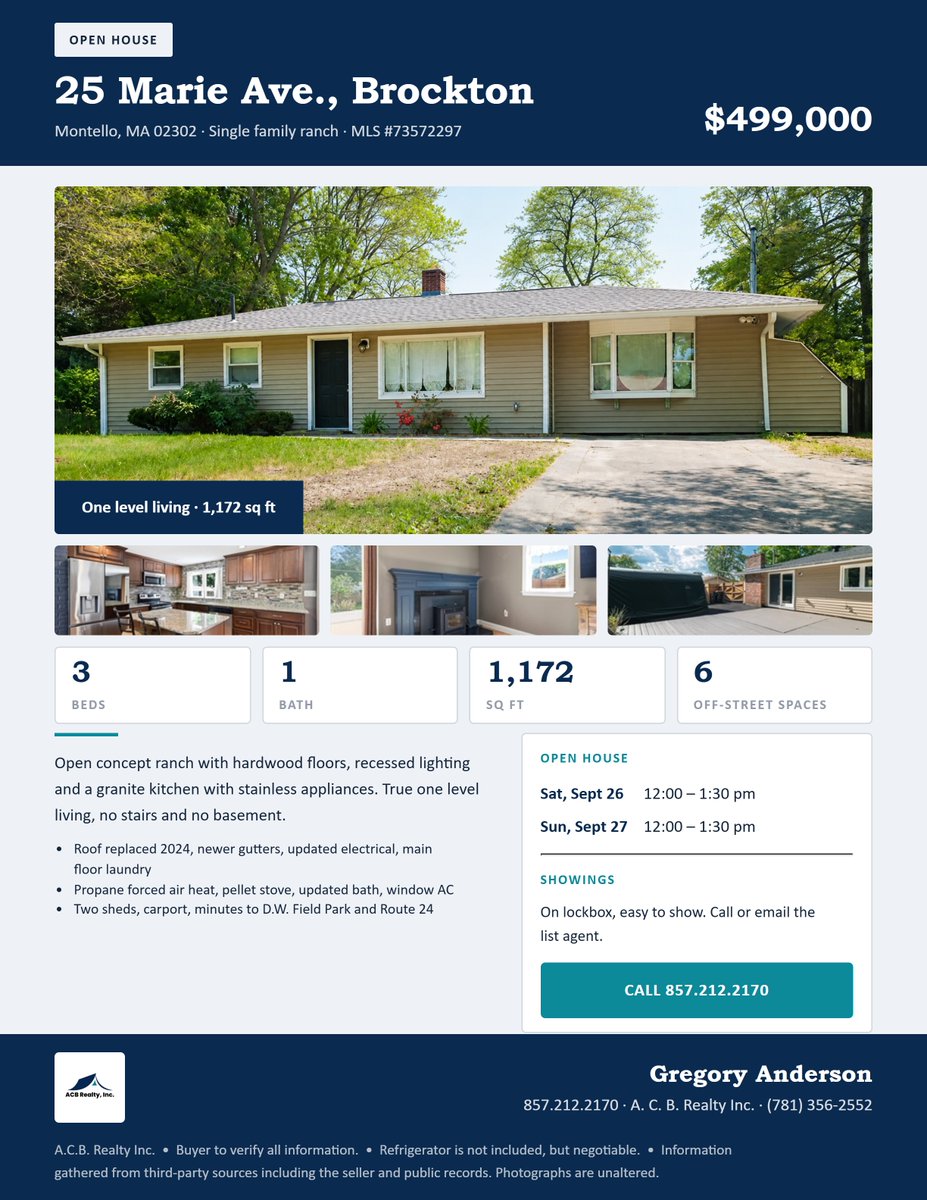 ACBREALTYINC1's tweet photo. Open house 25 Marie Ave., Brockton 
Saturday, Sept 26, 12:00–1:30 pm 
Sunday, Sept 27, 12:00–1:30 pm

 Gregory Anderson, ACB Realty, Inc. |
857 212 2170
#openhouse #brocktonma #brocktonrealestate #ranchhome #onelevelliving #massachusettsrealestate #southshorehomes #acbrealty https://t.co/KMJjbcOHyq