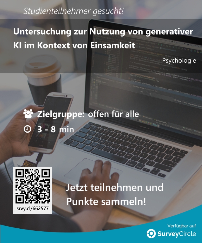 SurveyCircle's tweet photo. Teilnehmer gesucht für top-platzierte Online-Studie:

"Untersuchung zur Nutzung von generativer KI im Kontext von Einsamkeit" via @SurveyCircle #SRH_MobileUni

#KünstlicheIntelligenz #genai #einsamkeit #psychologie #chatgpt https://t.co/cd33or5U9P