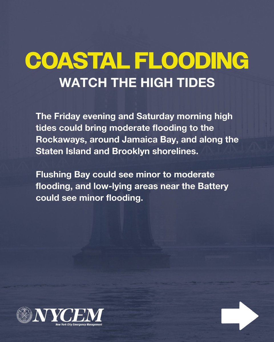 nycemergencymgt's tweet photo. TRAVEL ADVISORY: Hey New Yorkers, a nor’easter is on the way! 🌧️💨
If you don’t have to travel, stay home and avoid unnecessary trips. Starting around 2 p.m., strong wind gusts could bring down trees and power lines.
Coastal flooding is expected to begin tonight and could be worst Saturday morning, especially in the Rockaways, around Jamaica Bay, and along Staten Island’s coast. If you live in a basement or low-lying area, know your exits and be prepared to move to higher ground if water starts rising.