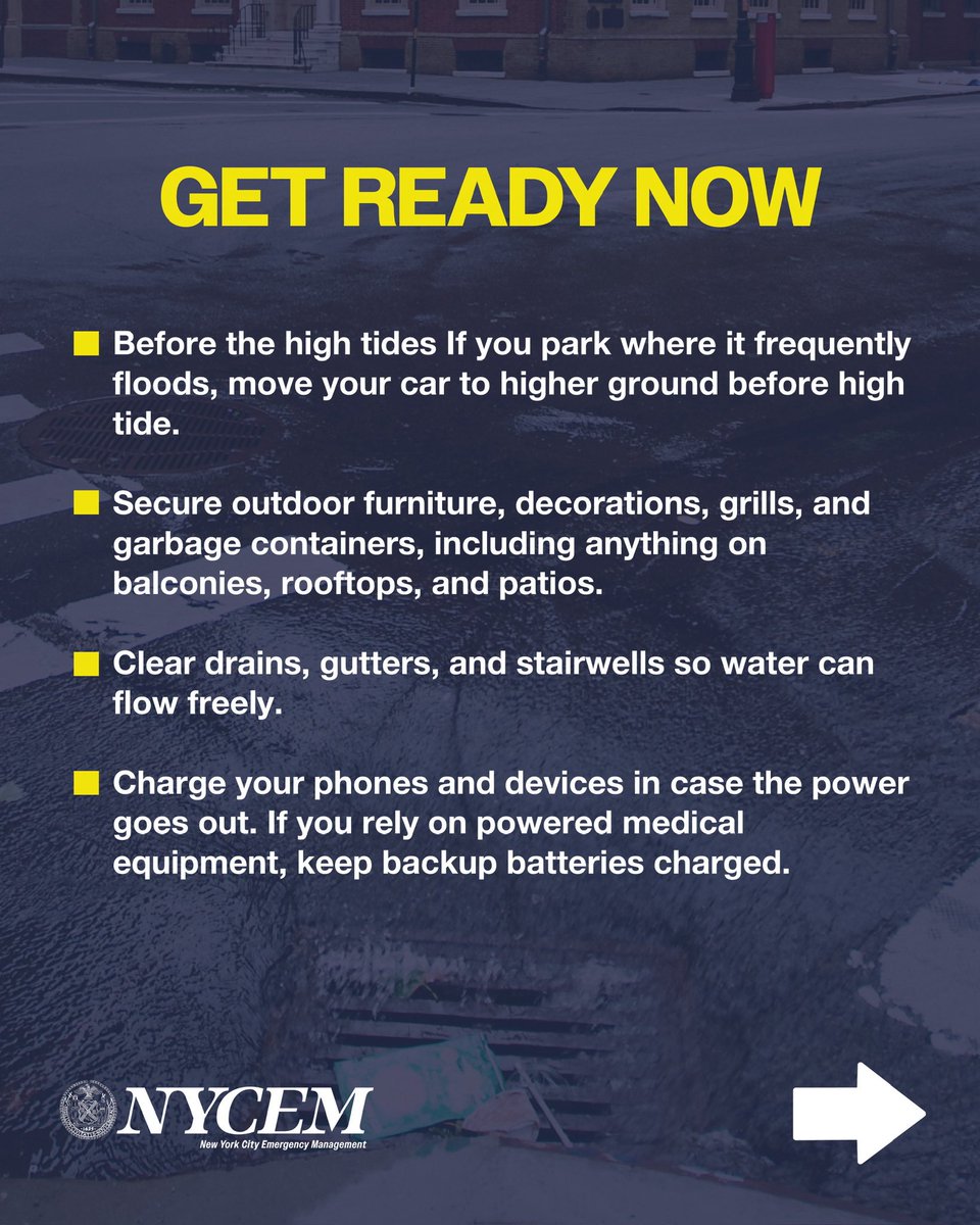 nycemergencymgt's tweet photo. TRAVEL ADVISORY: Hey New Yorkers, a nor’easter is on the way! 🌧️💨
If you don’t have to travel, stay home and avoid unnecessary trips. Starting around 2 p.m., strong wind gusts could bring down trees and power lines.
Coastal flooding is expected to begin tonight and could be worst Saturday morning, especially in the Rockaways, around Jamaica Bay, and along Staten Island’s coast. If you live in a basement or low-lying area, know your exits and be prepared to move to higher ground if water starts rising.