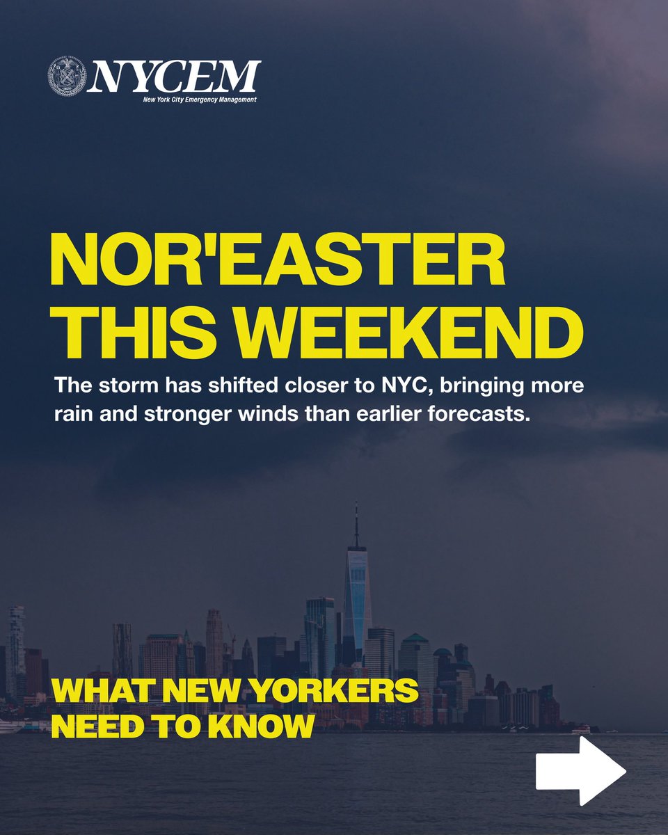 nycemergencymgt's tweet photo. TRAVEL ADVISORY: Hey New Yorkers, a nor’easter is on the way! 🌧️💨
If you don’t have to travel, stay home and avoid unnecessary trips. Starting around 2 p.m., strong wind gusts could bring down trees and power lines.
Coastal flooding is expected to begin tonight and could be worst Saturday morning, especially in the Rockaways, around Jamaica Bay, and along Staten Island’s coast. If you live in a basement or low-lying area, know your exits and be prepared to move to higher ground if water starts rising.