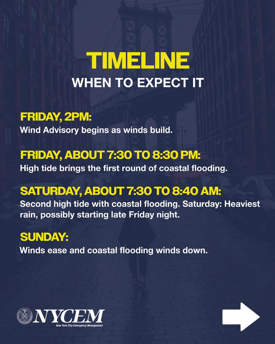 nycemergencymgt's tweet photo. TRAVEL ADVISORY: Hey New Yorkers, a nor’easter is on the way! 🌧️💨
If you don’t have to travel, stay home and avoid unnecessary trips. Starting around 2 p.m., strong wind gusts could bring down trees and power lines.
Coastal flooding is expected to begin tonight and could be worst Saturday morning, especially in the Rockaways, around Jamaica Bay, and along Staten Island’s coast. If you live in a basement or low-lying area, know your exits and be prepared to move to higher ground if water starts rising.