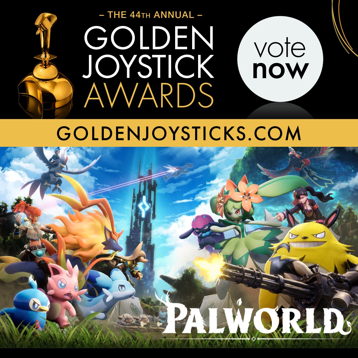 Palworld_EN's tweet photo. Palworld has been nominated for a
@GoldenJoysticks Awards!

We can't believe it!
Thank you so much, everyone!

Please vote for Palworld at the Golden Joysticks in the Still Playing (PC &amp; Console) category!

Vote here 👇 https://t.co/pg1ToAJDBV
