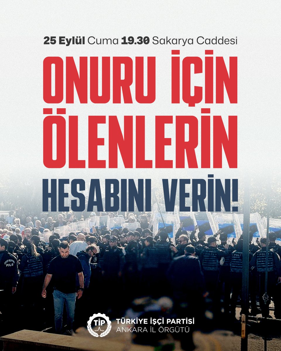 tip_ankara's tweet photo. Onuru için ölenlerin hesabını verin!

Bugün Anayasa Mahkemesi önünde “para için değil, onurum için" diyerek yaşamından vazgeçen emekli yurttaşımıza bu çaresizliği layık gören; milyonlarca emekliyi, işçiyi, genci, kadını yoksulluğa terk eden düzenden soracağımız bir hesap var.

🗓️ 25 Eylül Cuma
⏰ 19.30
📍 Sakarya Caddesi