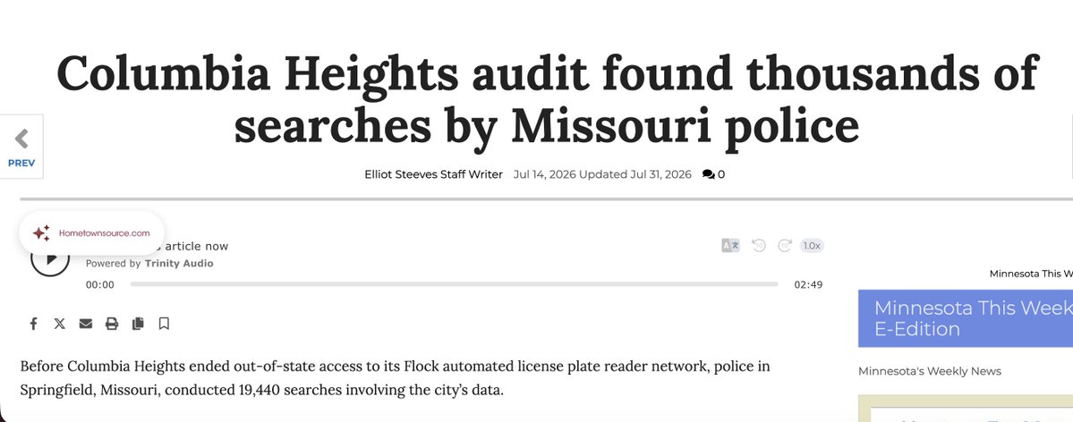 aaronklemz's tweet photo. In Columbia Heights, Minnesota, Springfield MO PD accessed their Flock data in 2025 more than almost any other agency, before Heights cut off data sharing with out of state agencies, and then ended their Flock contract. https://t.co/AKxoo6W4Pr