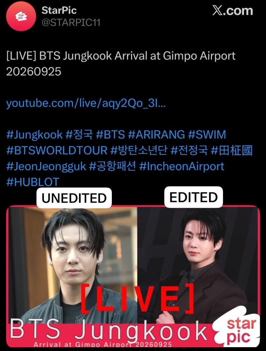 ciagirli's tweet photo. @/STARPIC11, a Korean media deleted their post about BTS Jungkook after posting an edited vs. undited picture of him 😭 https://t.co/gj9aBpovmK