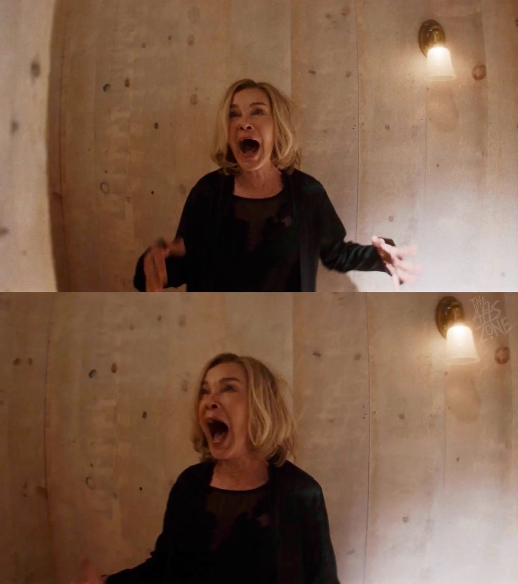 ahsfx_br's tweet photo. Ryan Murphy revelou que Jessica Lange detestou a fala sobre "pinho nodoso" na cena de Fiona no Inferno, e se recusou a gravá-la. Ele a convenceu e ela aceitou gravar o momento apenas uma vez, que foi usado na série. Hoje, os dois riem da situação e recriaram o momento em #AHS13. https://t.co/6kFEjtSOJK