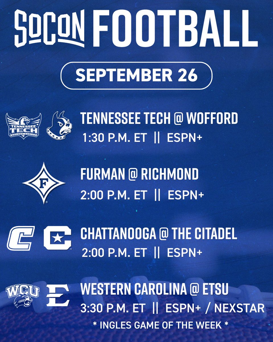 SoConSports's tweet photo. Weโve got another action-packed #SoConSaturday! Check out tomorrowโs #SoConFB schedule ๐
#itsallhere https://t.co/5c2PRUO26c