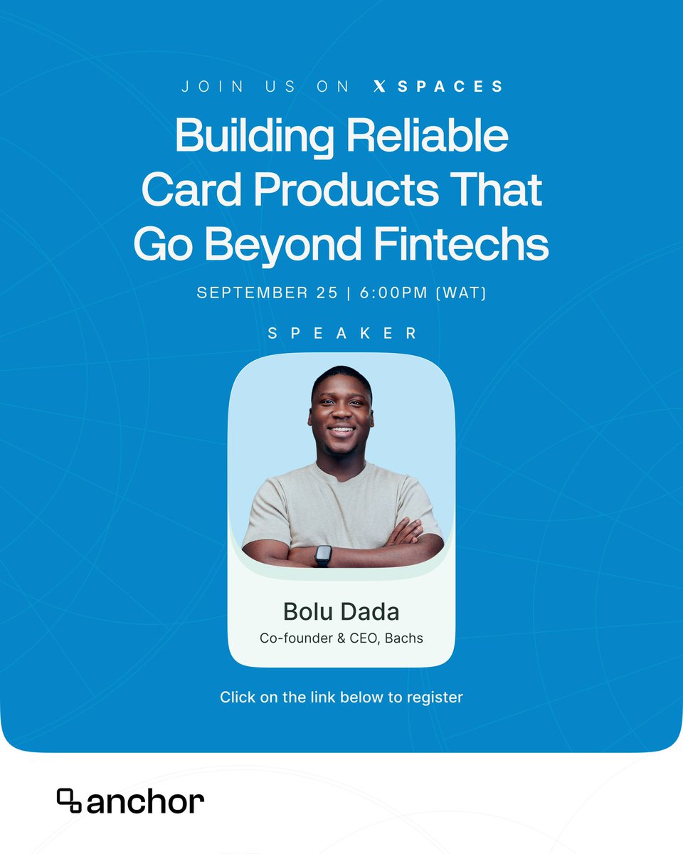 the_boludada's tweet photo. I’ll be joining Anchor’s X Space today at 6PM WAT to talk about building reliable card products that go beyond fintechs.

We’ll be talking cards, payments, reliability, and what it takes to build products people can actually depend on.

Join us 👇

https://t.co/knk4RGjD46 https://t.co/he8XhRAVj5