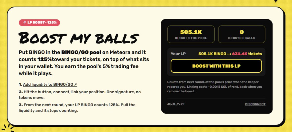 BINGO_LESGO's tweet photo. From the beginning, our goal with BINGO has been to build something that supports the wider @lesgodotfun  ecosystem, not just BINGO itself.

You can now use your BINGO/GO liquidity position to increase your entries in each BINGO draw.

Simply provide liquidity to the BINGO/GO pool and link your position on our website. Your funds stay in the pool, and the boost applies from the next round.

You’ll also receive your share of the pool’s 5% trading fee while providing liquidity.This gives BINGO holders an additional benefit while helping build deeper liquidity for BINGO/GO and supporting the broader $GO ecosystem.

This is the direction we want to keep building toward: features that benefit BINGO while bringing more activity and value to the ecosystem around it.

ALL WILL BINGO. 🎰