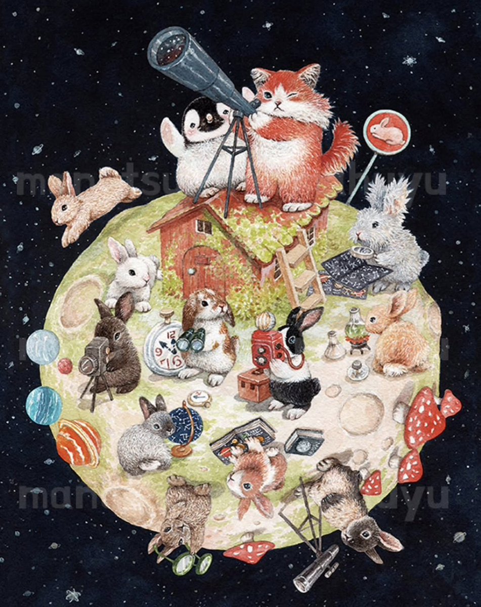 midsummer_02jp's tweet photo. 🌕今日は満月。

前描いた、うさぎたちの小さな星🐇🔭
📕「君といっしょに」の一枚でした。
次は、満月に暮らすうさぎたちも描いてみたいです😸🐧
#イラスト #ウサギ #星 https://t.co/nFdcib2UMn