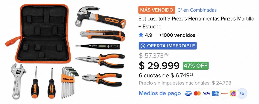 RadarOfertasAR's tweet photo. 🚨 SET DE HERRAMIENTAS LUSQTOFF: 47% OFF PARA TENER TODO A MANO

Antes: $57.373
Ahora: $29.999 🔥
👉 https://t.co/GhUThqTkIq

Un set de 9 piezas con estuche que incluye martillo, pinzas, llave ajustable, destornilladores, llaves Allen, cúter y tester.

✅ Más de 1.000 vendidos
✅ Tienda Oficial en Mercado Libre 

¡Por este precio, un kit ideal para tener siempre en casa!

Miralo acá 👉 https://t.co/GhUThqTkIq