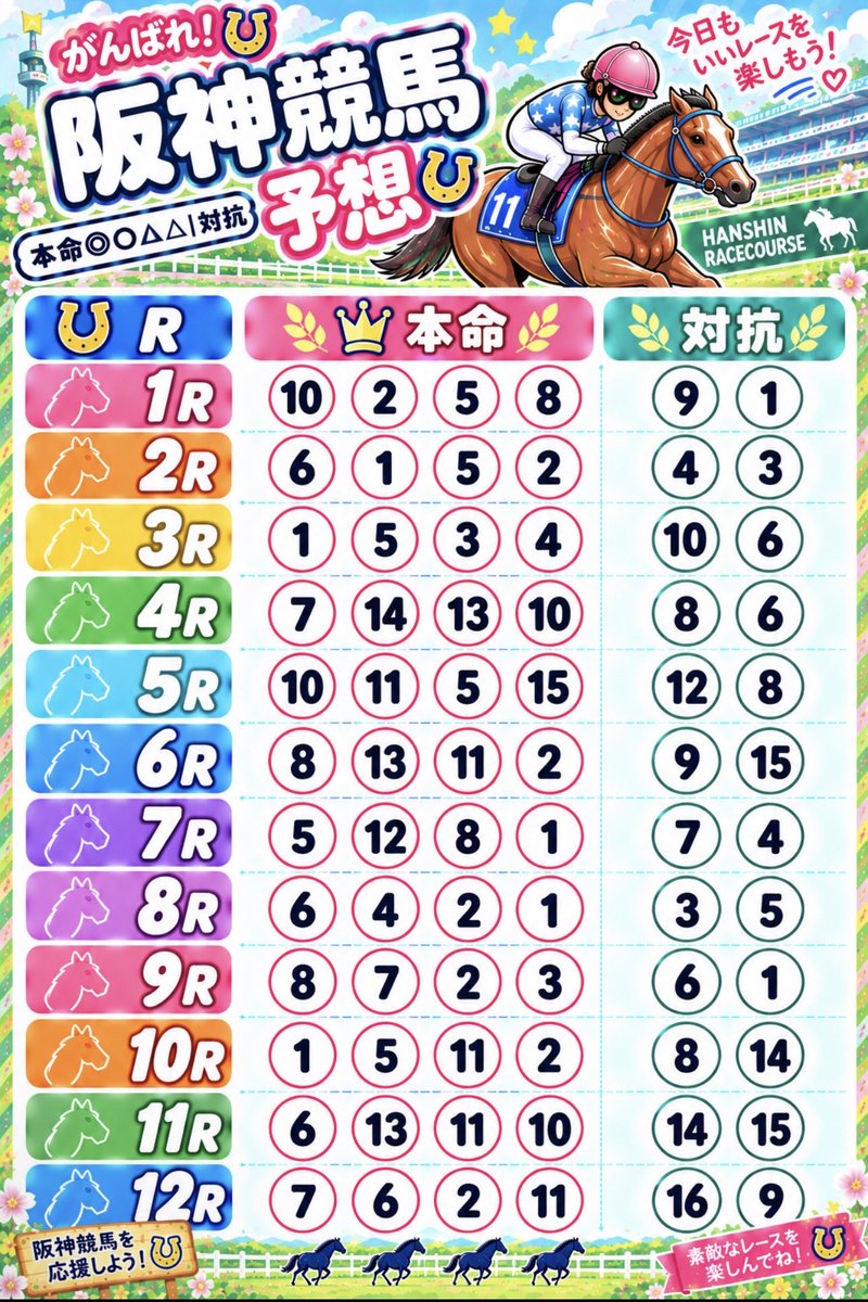 krinrinman's tweet photo. ⭐️中山・阪神競馬予想⭐️
本日は2会場の予想を纏めました🤗
少しでも軸馬決める時などにお役に立てたら嬉しいです🥹
※地方競馬も纏めれたらこの固定ポストのコメント欄に貼り付けときます🙇

#中山競馬予想　#阪神競馬予想 https://t.co/ZLNTFgv8Pk