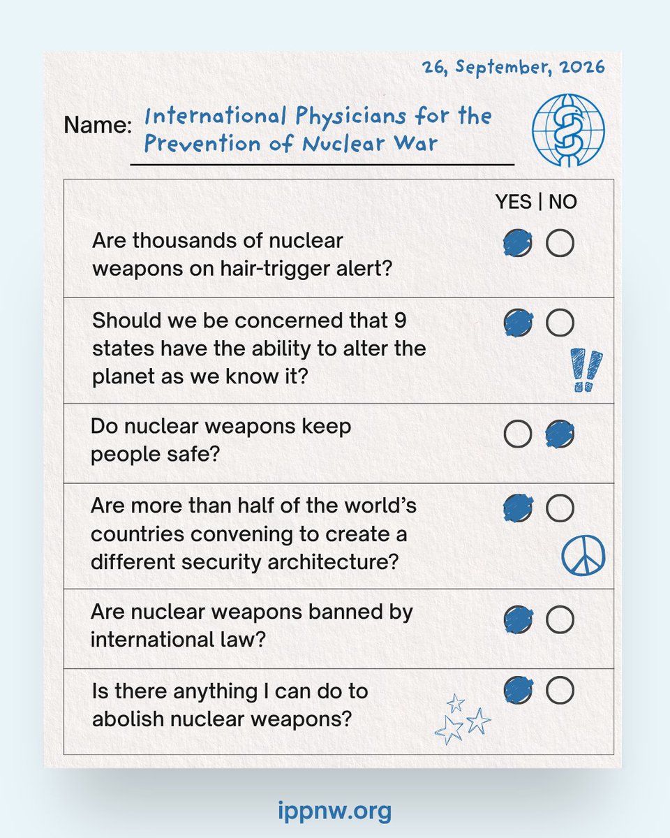 IPPNW's tweet photo. Today is the International Day for the Total Elimination of Nuclear Weapons.

A world without #NuclearWeapons is possible. The global majority have joined the Nuclear Ban Treaty to create a different security architecture. We are working hard to demand change. You can join us! https://t.co/9TU6Xf4AFC