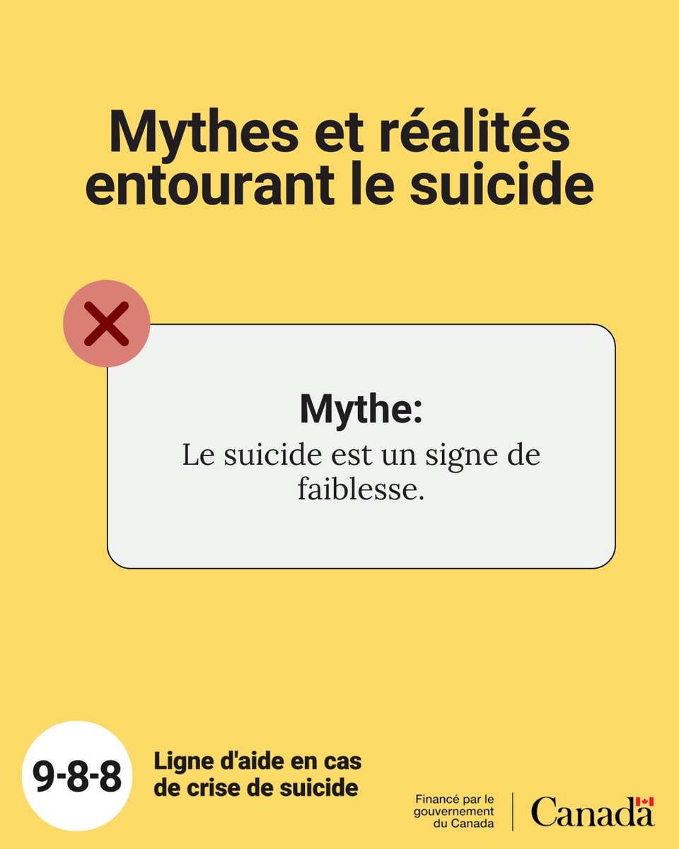 988Canada's tweet photo. Les idées fausses à propos du suicide peuvent avoir une incidence négative sur ce que les gens pensent et disent à ce sujet. Voici un mythe courant concernant le suicide et les faits que vous devez connaître pour le briser. #988Canada https://t.co/am5sa0aECQ