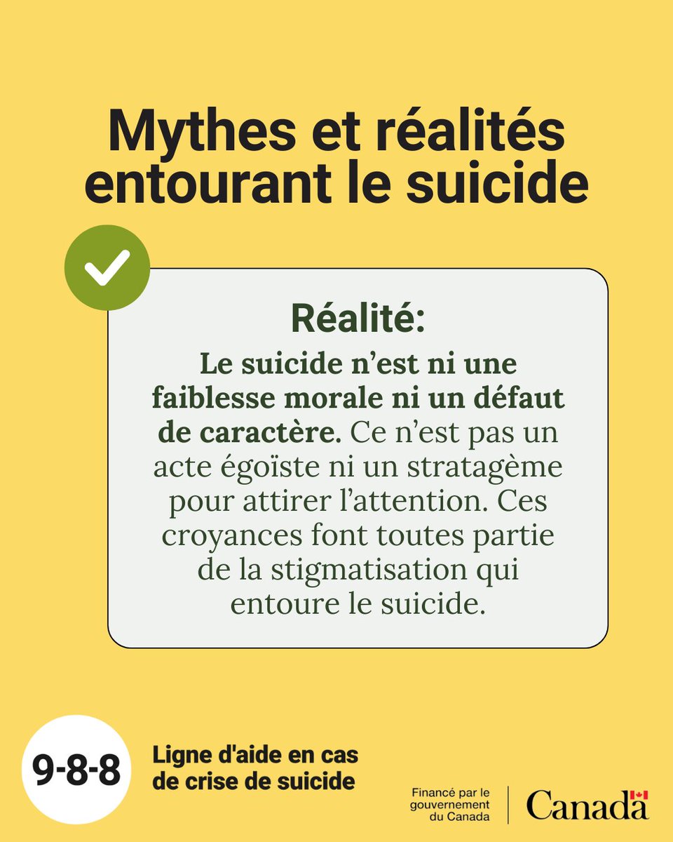 988Canada's tweet photo. Les idées fausses à propos du suicide peuvent avoir une incidence négative sur ce que les gens pensent et disent à ce sujet. Voici un mythe courant concernant le suicide et les faits que vous devez connaître pour le briser. #988Canada https://t.co/am5sa0aECQ