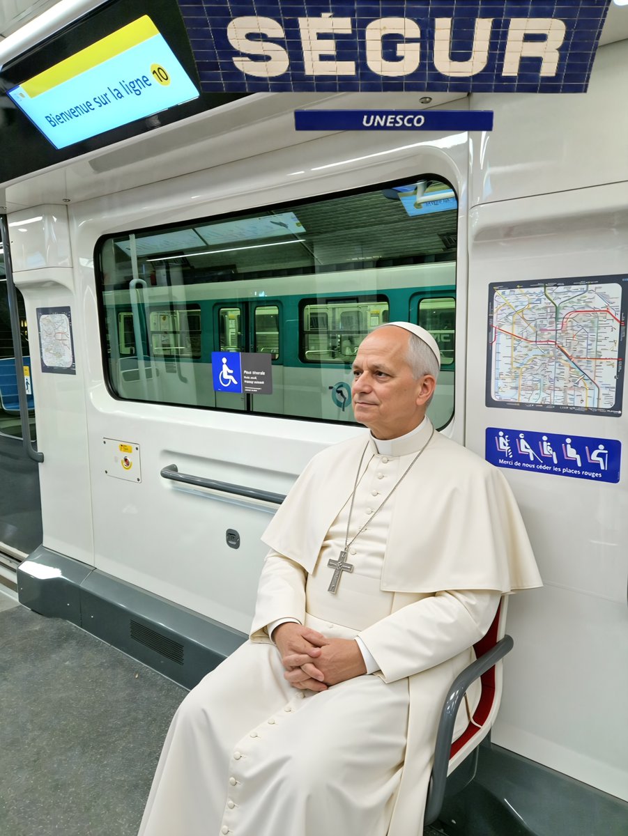 sgenmobilite's tweet photo. Le Pape Léon XIV a voyagé à bord du nouveau métro de Paris MF19 afin de se rendre cet après-midi au siège de l’UNESCO / The Pope take the new Paris metro to go to the UNESCO headquarters in Paris (by AI/Grok) #popeinparis #leonxiv  #pope #pape #unesco #parismetro #mf19 #ligne10 https://t.co/CYnwsgc2N1
