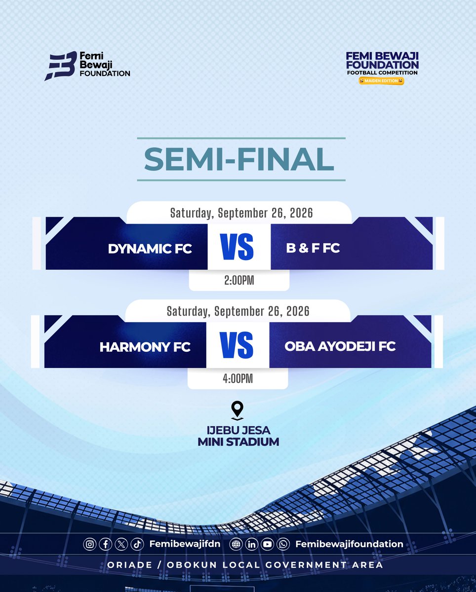 FemiBewajifdn's tweet photo. Four teams remain, but only two will earn a place in the grand final.

This Saturday, September 26, witness two massive Semi-Final clashes:

2:00 PM: Dynamic FC vs B & F FC
4:00 PM: Harmony FC vs Oba Ayodeji FC

Location: Ijebu Jesa Mini Stadium

Who will take the final two spots?

#FemiBewajiFoundation #FemiBewajiFootballCompetition #RoadToTheFinal #SemiFinal #Football