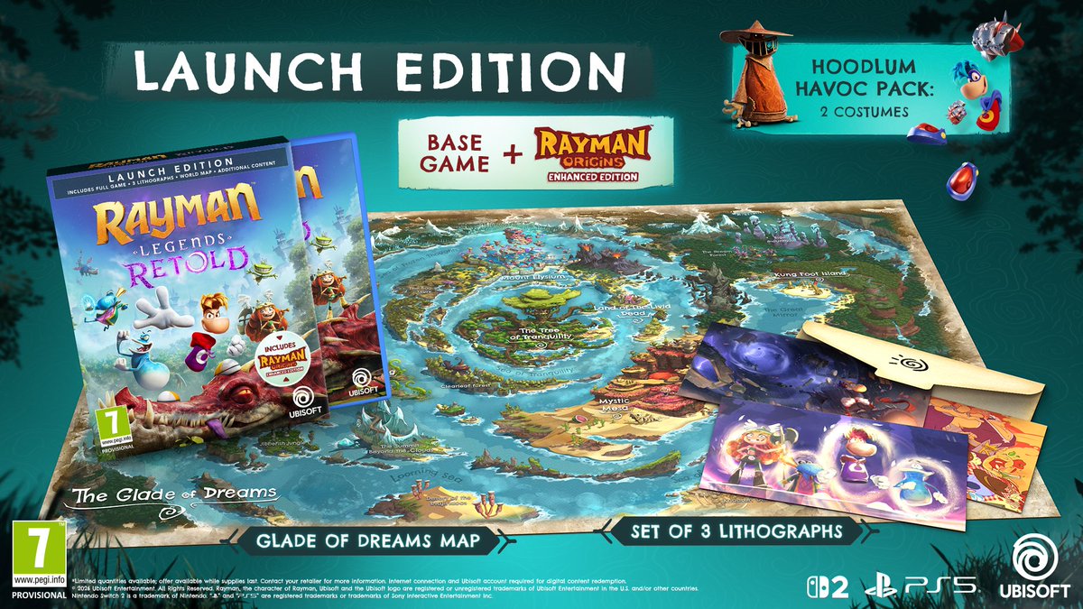 RaymanGame's tweet photo. We might not have a Glade of Dreams Collection... BUT our $39.99 Launch Edition comes with:

 🗺️ A printed Glade of Dreams map
🖼️ Three lithographs
✨ An exclusive slipcase
 
...and a copy of BOTH Rayman Legends Retold and Origins: Enhanced Edition 😉 https://t.co/Mu1piw5rnm