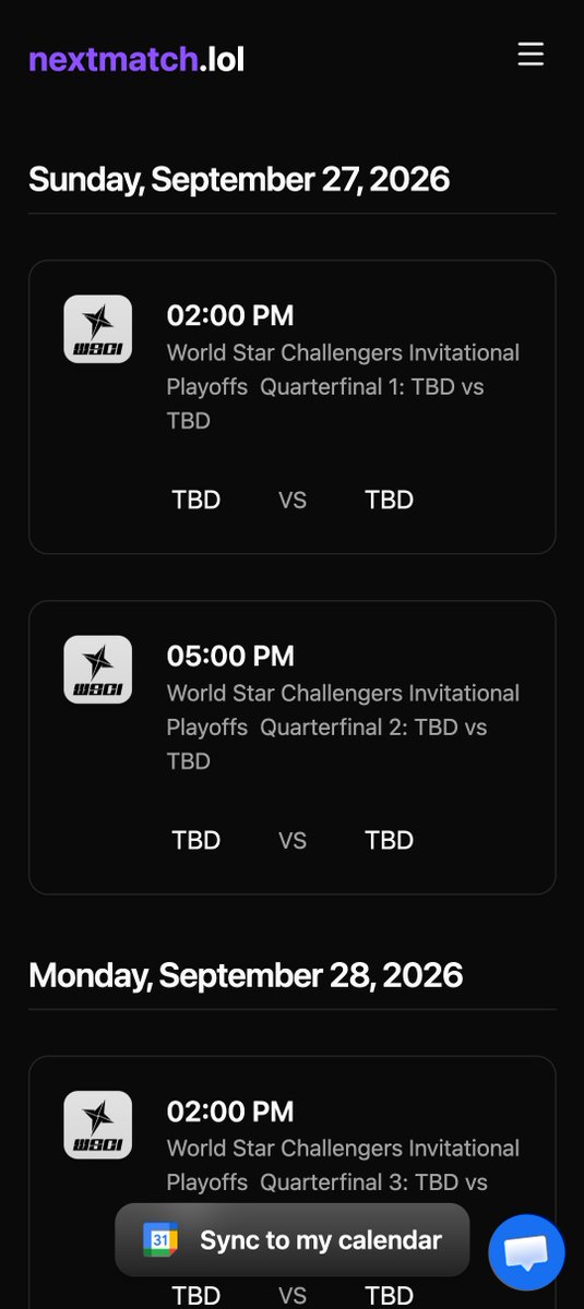 StriftCodes's tweet photo. @Sheep_Esports I built an app to sync WSCI matches to your Google Calendar; you can follow your favorite team for free~ 

Enjoy the playoffs! https://t.co/GnujGHMqX5