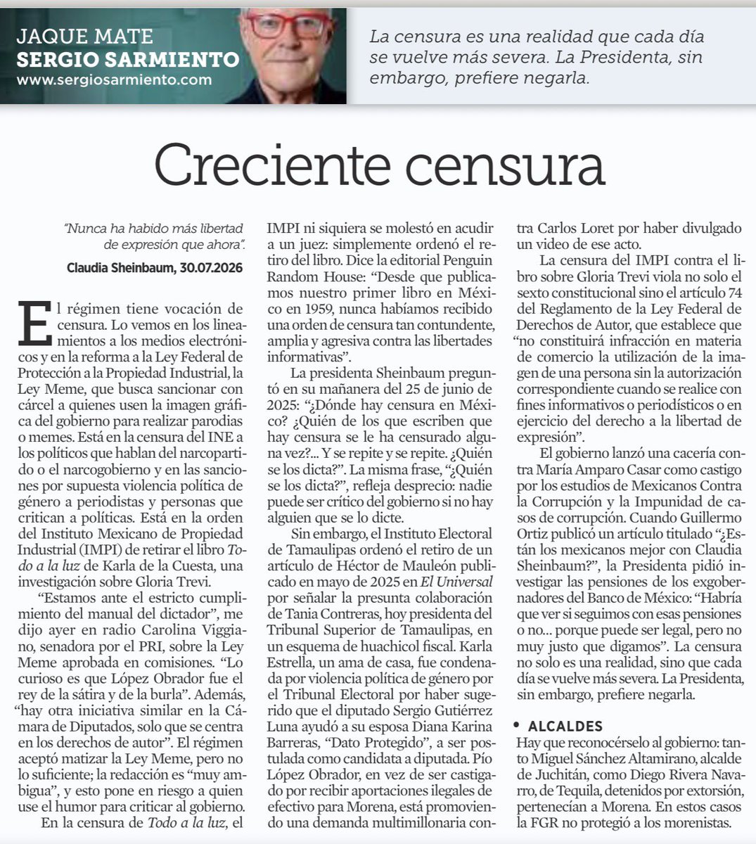 JLozanoA's tweet photo. 🚨No pasa una semana sin que veamos un nuevo intento de censura, pura y dura, en este país. El régimen tiene un talante autoritario que no puede ocultar. 

Lean a @SergioSarmiento en @Reforma 

#ProhibidoCallar https://t.co/GbZXnXKZdJ