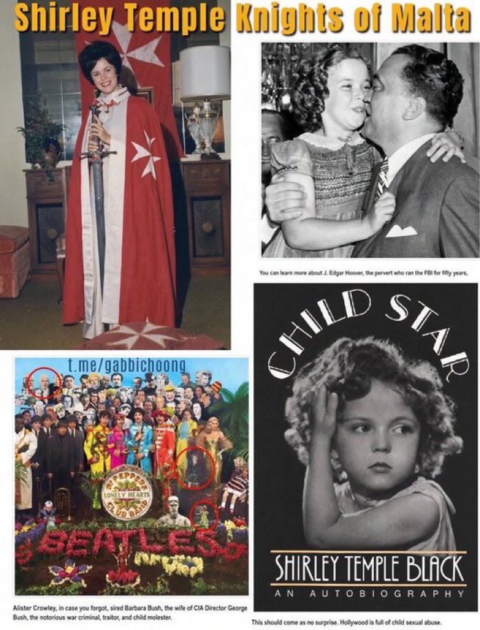 QPatrickLeahy's tweet photo. Did you know that after years of sexual abuse, as a child, growing up in Hollywood…

Shirley Temple, was eventually named, “Dame of Honor in the Sovereign Military Order of Malta.”

What the Cabal has done to children is beyond heinous! 🍕👹🤮🙏⚖️ https://t.co/0xkc8NmEWz