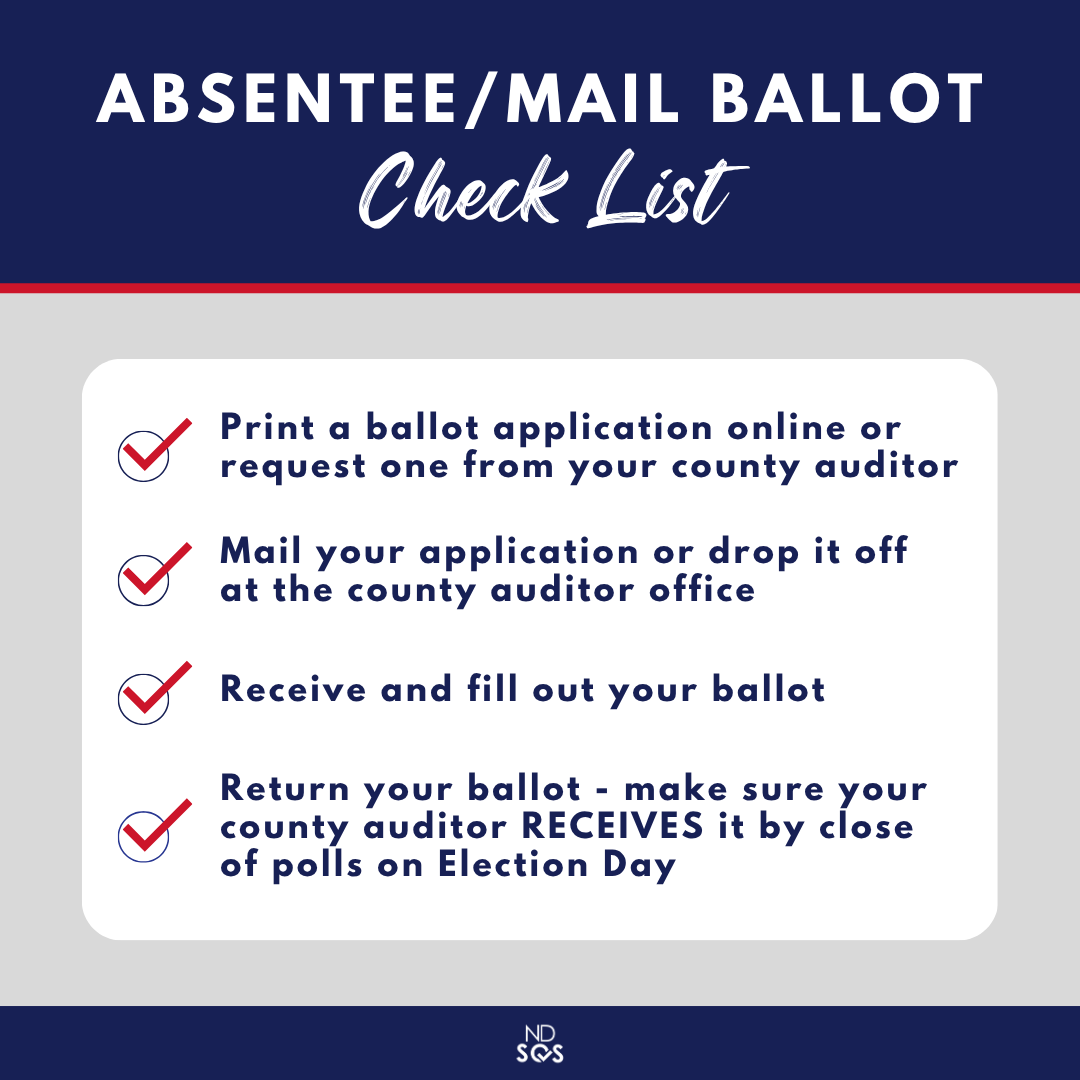 NorthDakotaSoS's tweet photo. If you are voting absentee for the November 3rd General Election, this checklist will help you complete the steps to cast your ballot.

To get started, go to https://t.co/rQPDTnPiIS to fill out your ballot application and then submit it to your county auditor. #TrustedInfo2026 https://t.co/LJszooI3Ob
