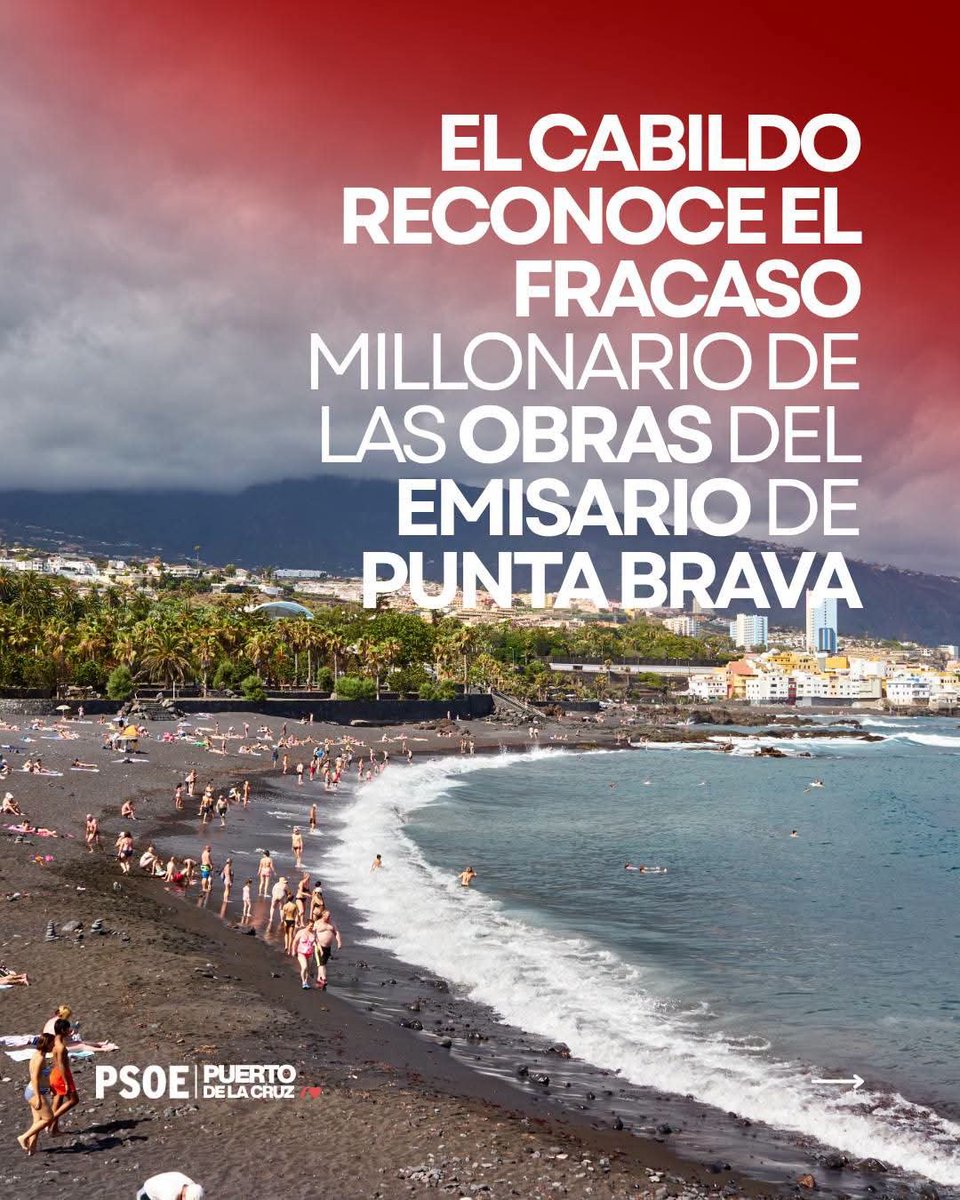 psoeportuense's tweet photo. 🚨 El Cabildo confirma el fracaso del emisario de Punta Brava: 3 años perdidos y millones tirados.

El alcalde ocultó el informe para proteger a Rosa Dávila y Lope Afonso.

 ¡Exigimos responsabilidades! ✊

#PuertoDeLaCruz #SiempreLeales https://t.co/GFUJJTw7zr