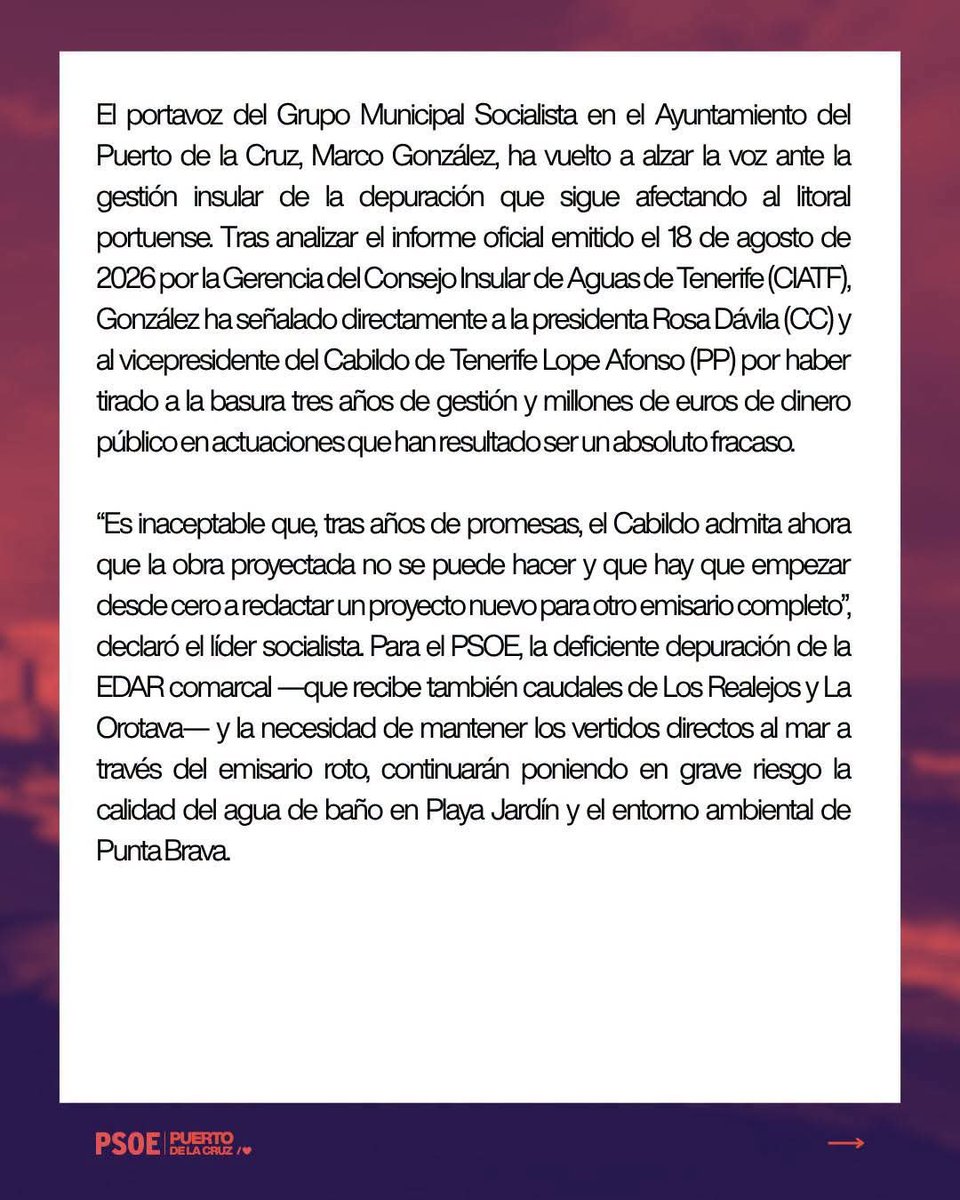 psoeportuense's tweet photo. 🚨 El Cabildo confirma el fracaso del emisario de Punta Brava: 3 años perdidos y millones tirados.

El alcalde ocultó el informe para proteger a Rosa Dávila y Lope Afonso.

 ¡Exigimos responsabilidades! ✊

#PuertoDeLaCruz #SiempreLeales https://t.co/GFUJJTw7zr