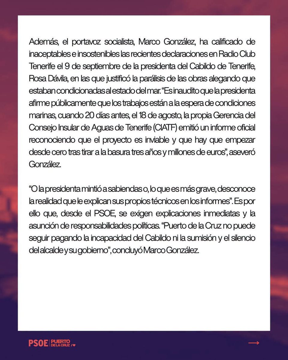 psoeportuense's tweet photo. 🚨 El Cabildo confirma el fracaso del emisario de Punta Brava: 3 años perdidos y millones tirados.

El alcalde ocultó el informe para proteger a Rosa Dávila y Lope Afonso.

 ¡Exigimos responsabilidades! ✊

#PuertoDeLaCruz #SiempreLeales https://t.co/GFUJJTw7zr