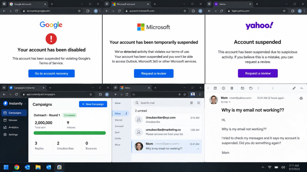Naghi01's tweet photo. they say cold email is a numbers game so last night I sent 2 million emails from 9 inboxes

Google banned my account, Microsoft banned me, and my mom's Yahoo got blocked just for being related to me

3 replies. 2 unsubscribes and 3rd was my mom askin why her email stopped working https://t.co/9Uu8SW22vQ