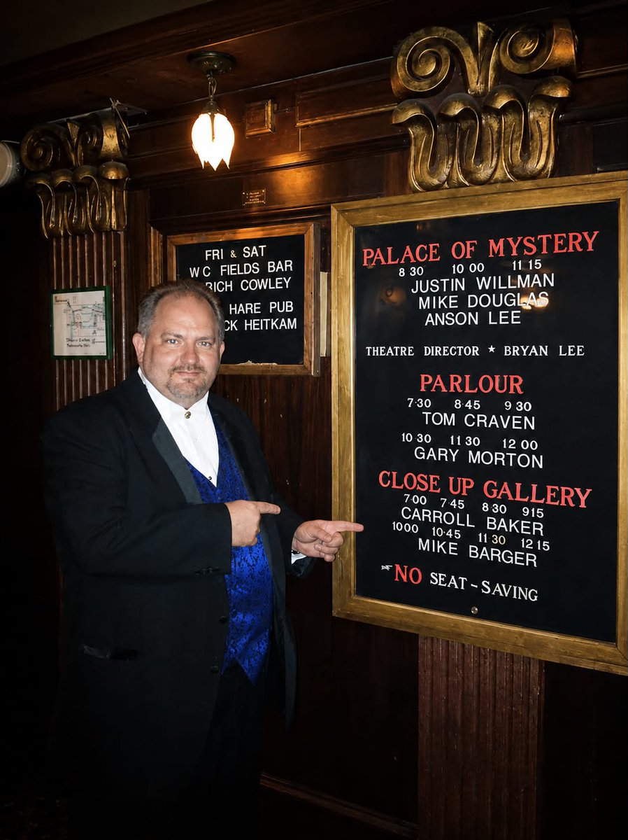 MagicmanCB's tweet photo. My name on the board at the Magic Castle, in the Close Up Gallery. I have worked there twice.

That room is other magicians sitting three feet away trying to catch you.

It taught me what I actually sell. Close-up works because there is no distance. Your guests hold the props. https://t.co/LhPcQCSXNP