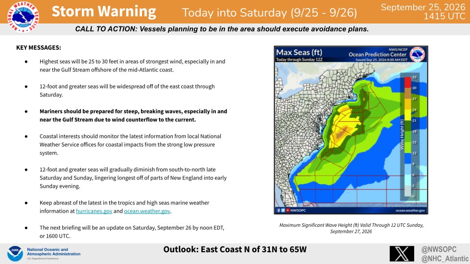 NWSOPC's tweet photo. The Nor'easter continues to intensify this morning, last analyzed to 995 mb, and currently generating storm-force winds with significant wave heights to near 27 ft, or just over 8 m. Visible satellite loop along with forecast graphics and key messages included. #MarineWx https://t.co/ldkYD9u3nx